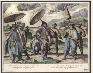 Portugiserne i Goa, illustration fra "Jan Huyghen van Linschoten, His Discourse of Voyages into the East and West Indies", 1579-92 (farvestik)